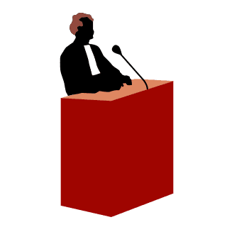 Pictogram veroordeling, man achter spreekstoel